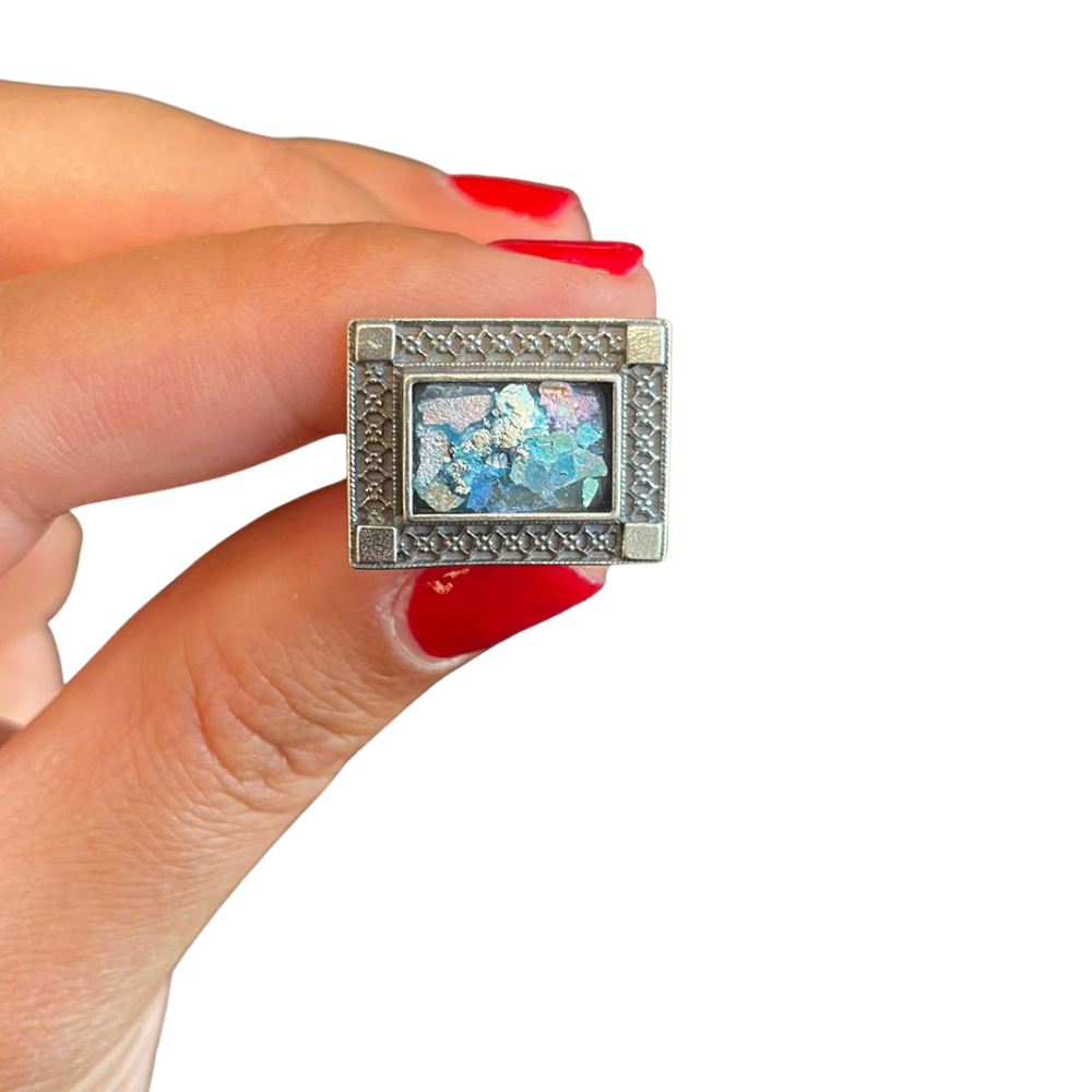 Israeli Roman Glass Sterling Silver Rectangle Cufflinks