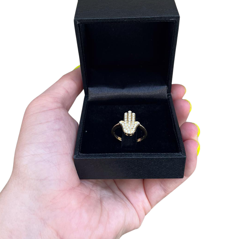 14K Gold Large Hamsa Ring Diamond Studded
