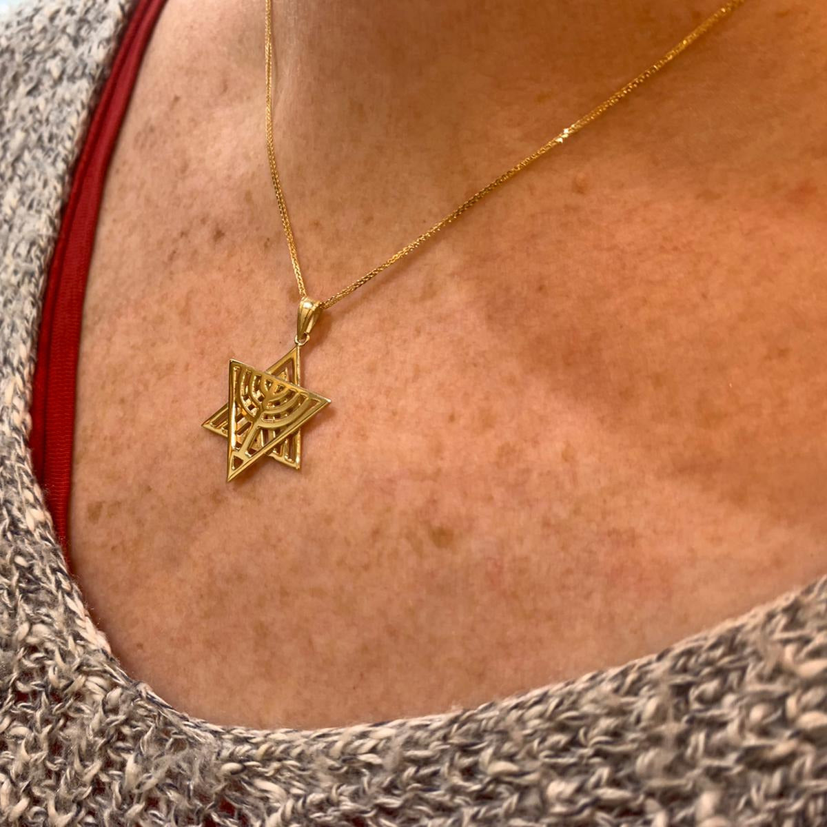 14k Gold Dual Layer Menorah Star of David Pendant