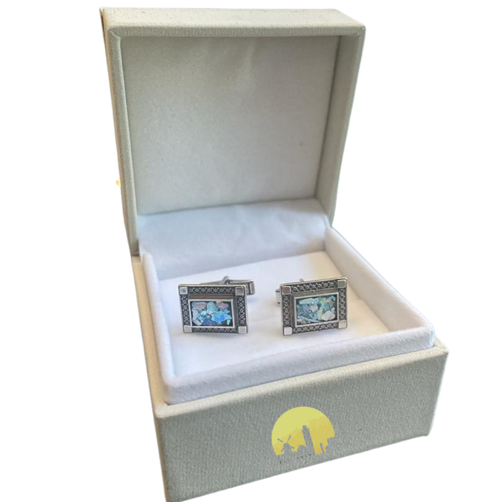 Israeli Roman Glass Sterling Silver Rectangle Cufflinks