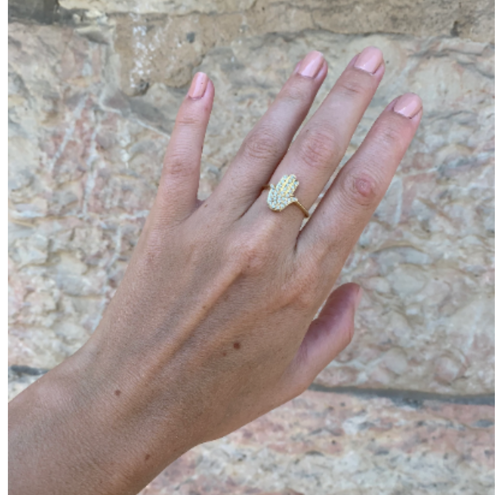 14K Gold Large Hamsa Ring Diamond Studded