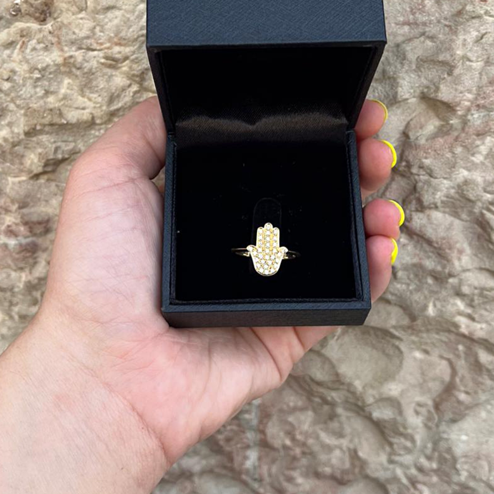 14K Gold Large Hamsa Ring Diamond Studded