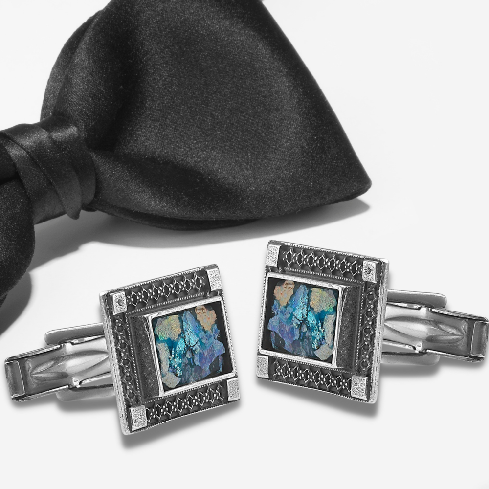 Israeli Roman Glass Sterling Silver Rectangle Cufflinks