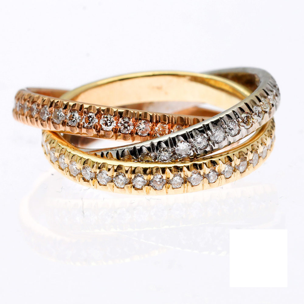Diamond Interlocking Rolling Eternity Ring in 14K Tri Color Gold