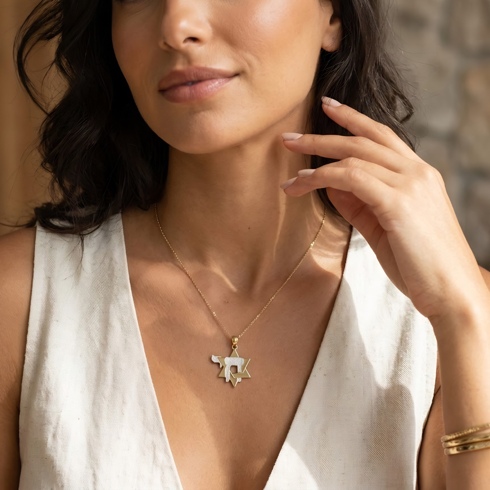 Star of David and Chai Pendant in 14K Gold