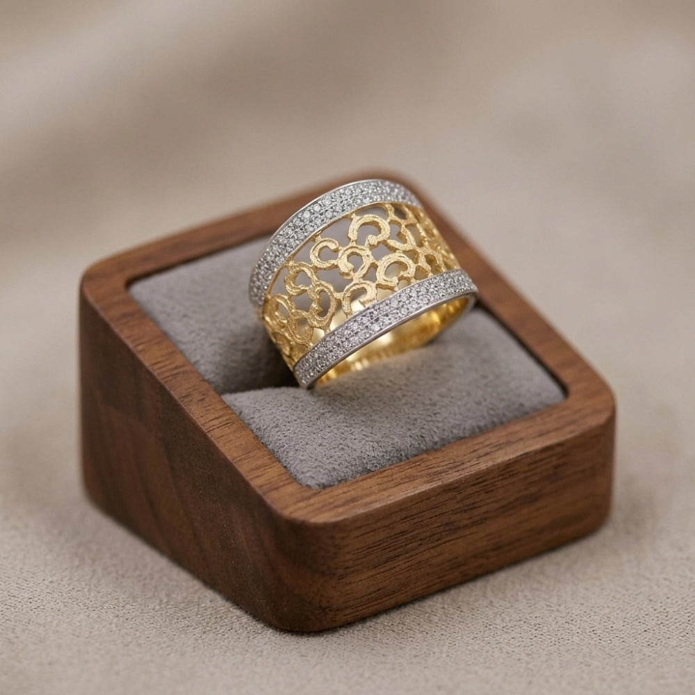 14K Gold Two-Tone Filigree Wide Band Diamond Ring