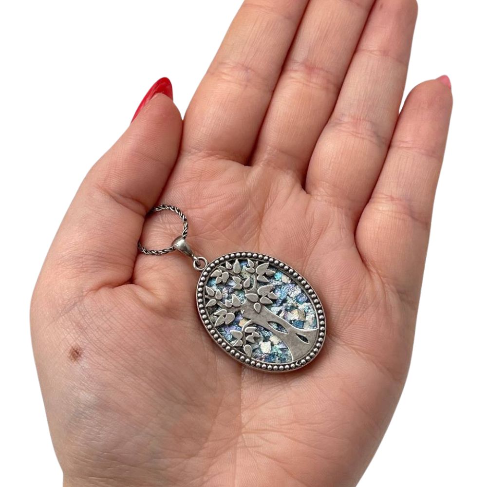 Tree of Life Necklace with Roman Glass in Sterling Silver Oval