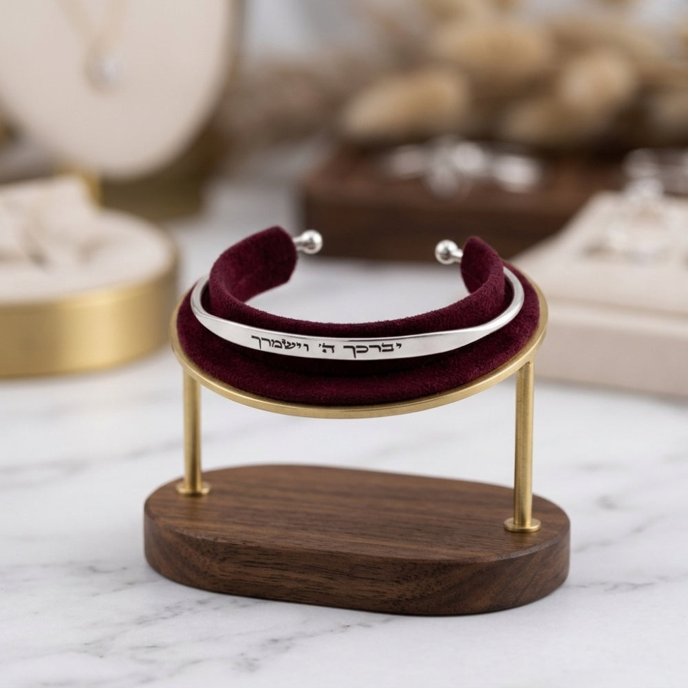 Personalized Hebrew Engraved Open Cuff Bangle Bracelet