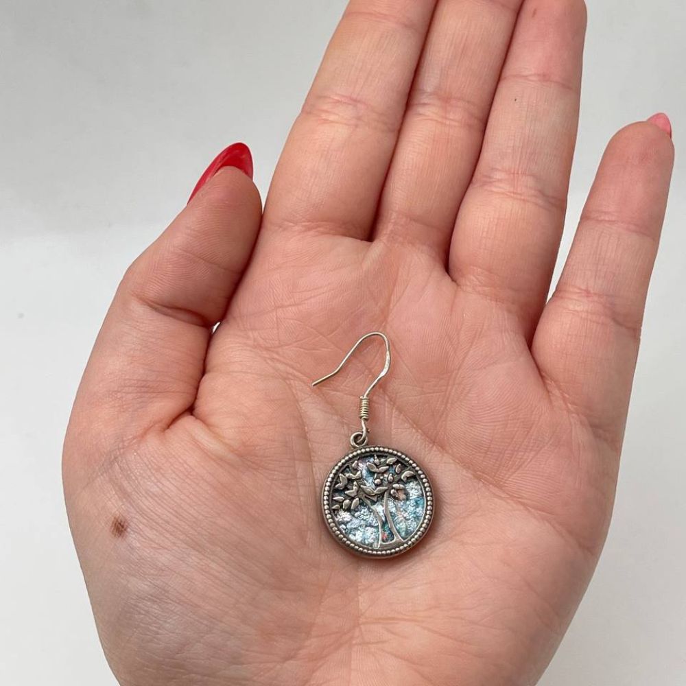 Tree of Life Earrings with Roman Glass in Sterling Silver