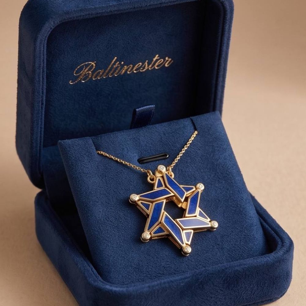 14K Gold Expandable Star of David Butterfly Necklace with Blue Enamel & Diamond