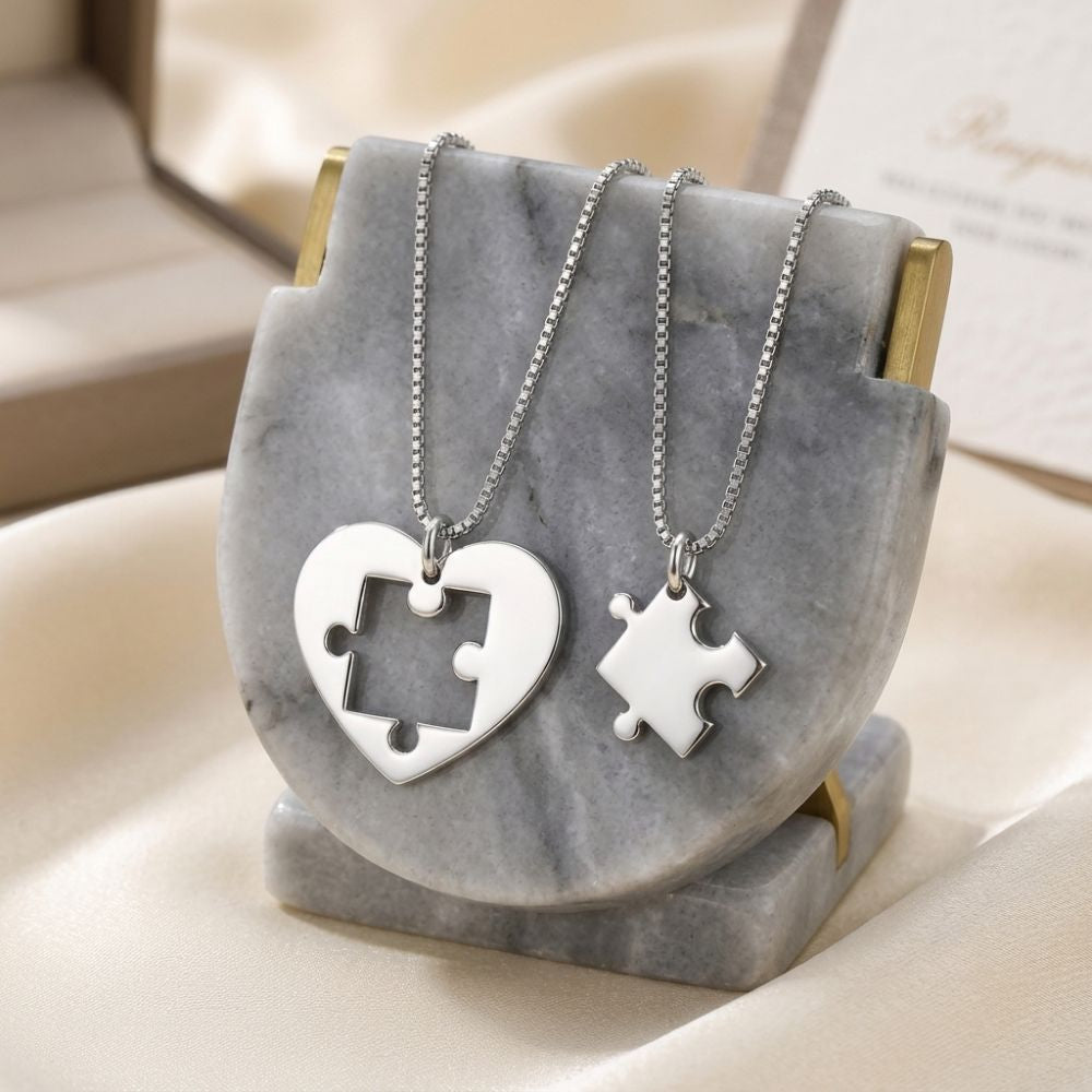 925 Sterling Silver Heart Puzzle Necklace Set – Matching Couple