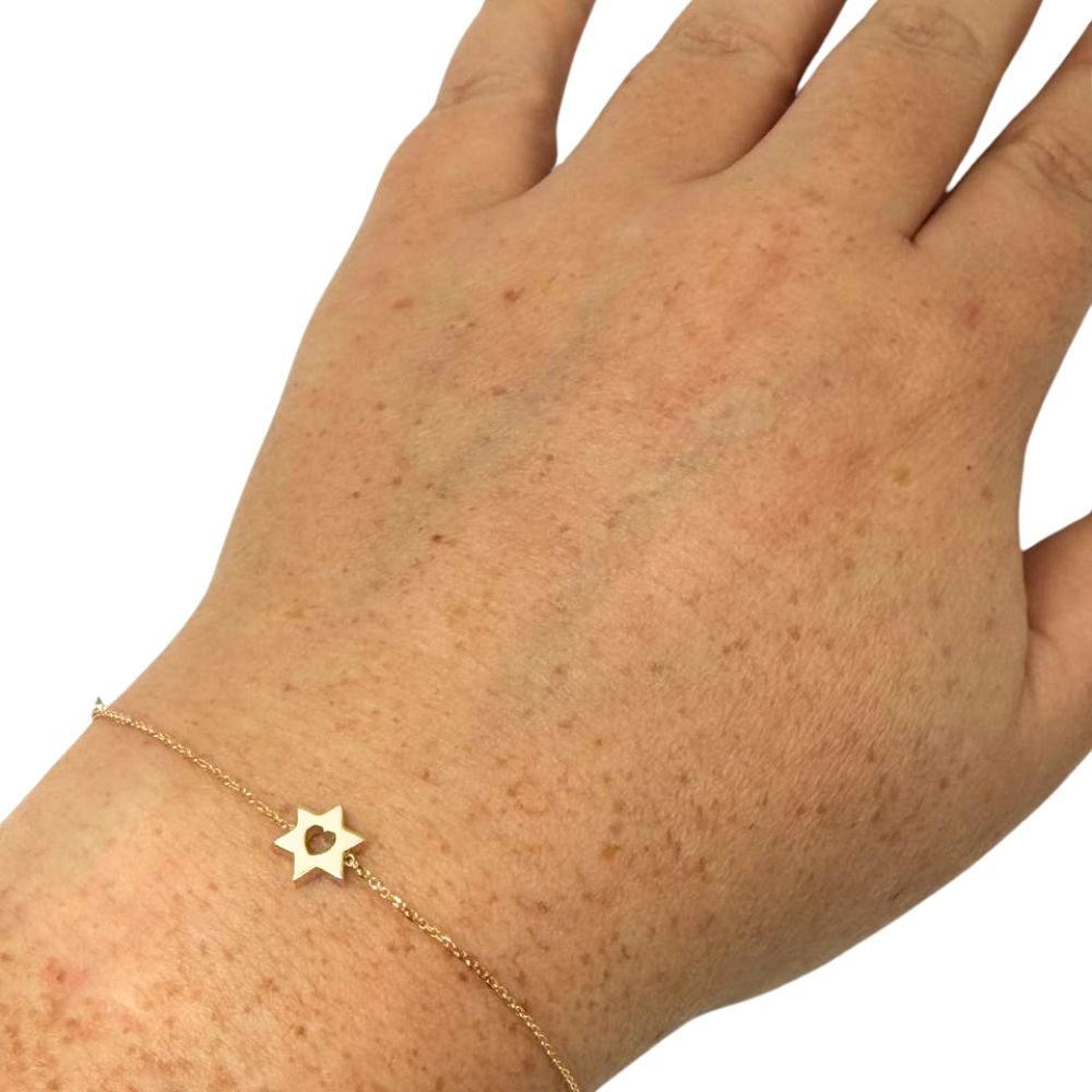 14K Yellow Gold Star of David Heart Bracelet