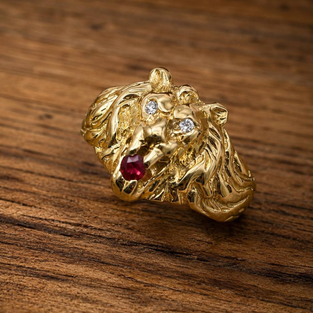Diamond Lion of Judah Ruby Ring in 14k Yellow Gold