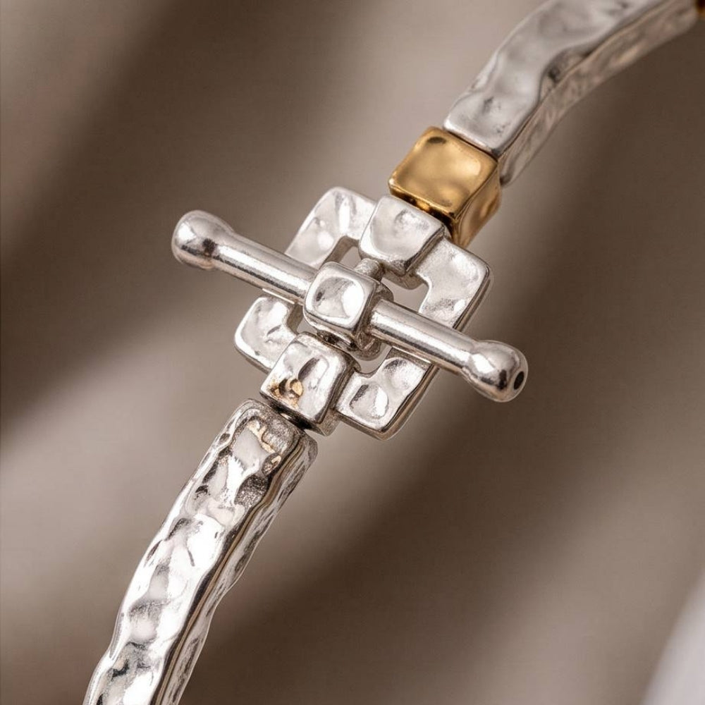 Handcrafted Israeli Mixed-Metal Bar Bracelet – Silver, Oxidized Silver & Gold Plated