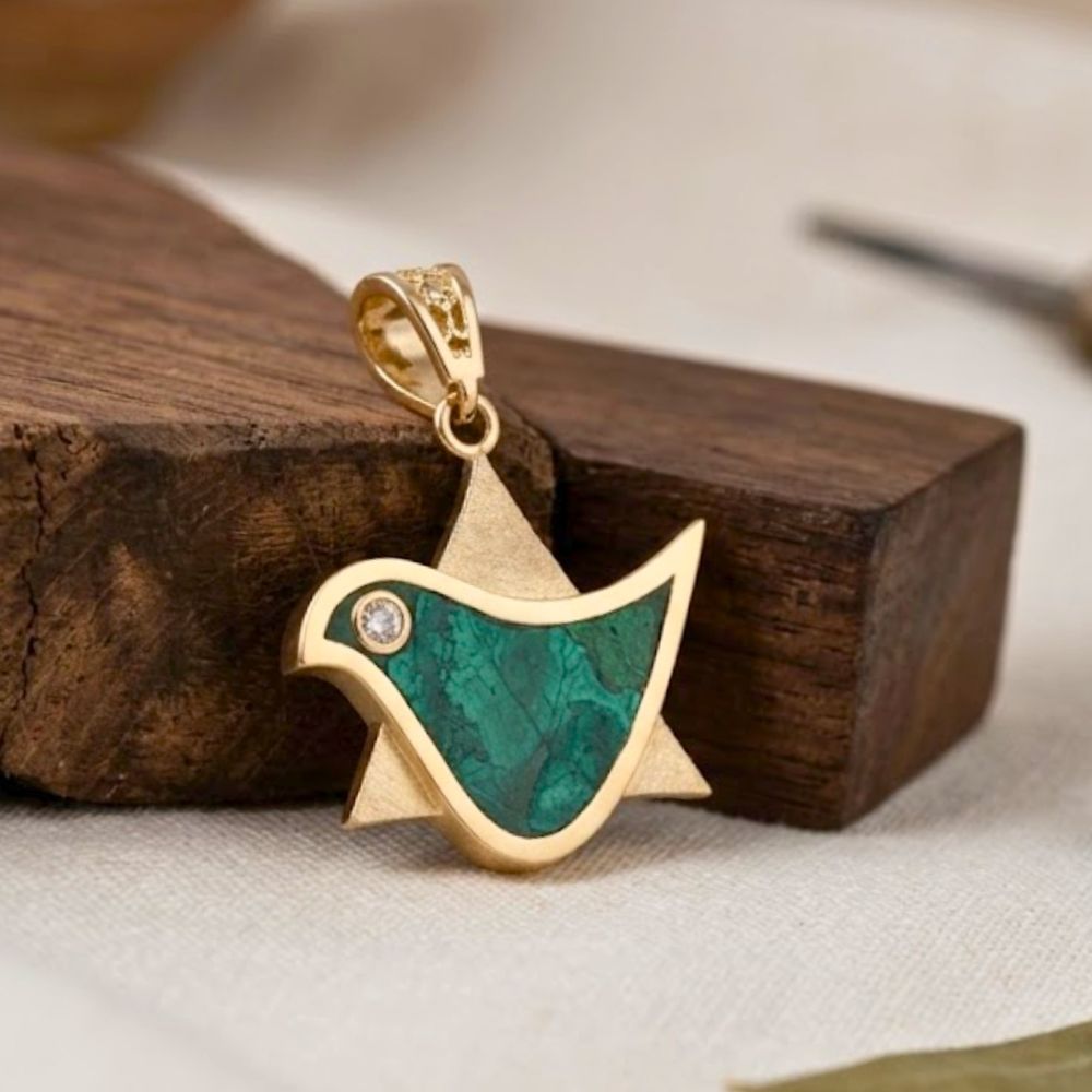 14K Gold Dove & Star of David Pendant with Natural Diamond & Eilat Stone