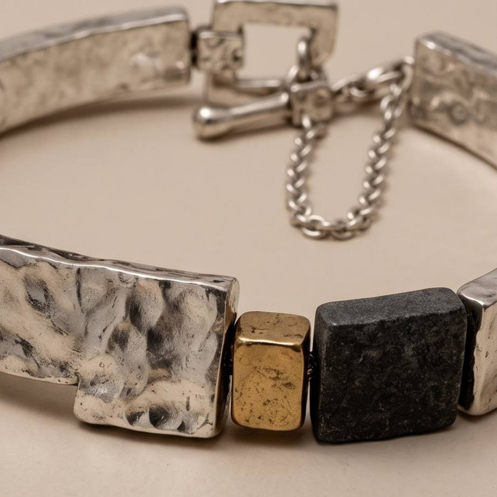 Israeli Silver Bracelet – Oxidized Silver & Gold Plated Lightweight Jewelry