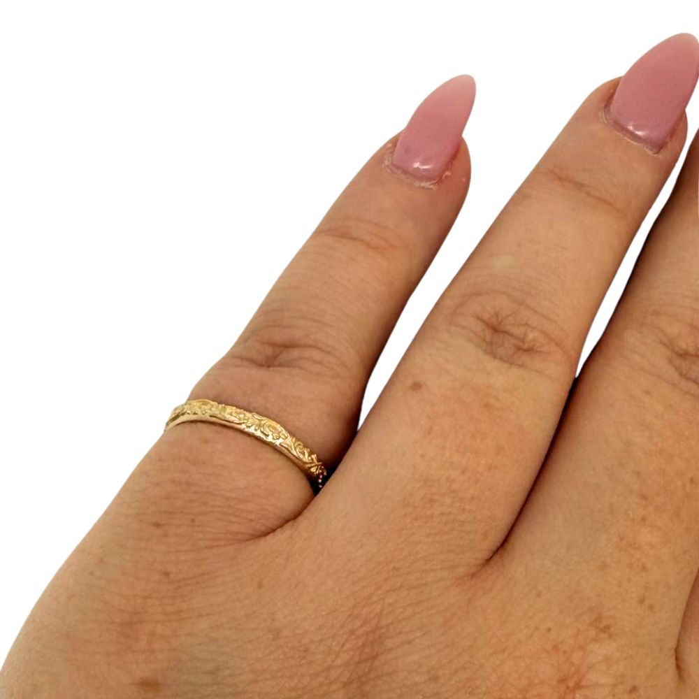 14K Solid Gold Floral Engraved Ring Vintage-Inspired Stackable
