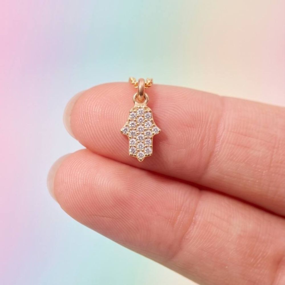 14K Yellow Gold Diamond Hamsa Hand Pendant Necklace