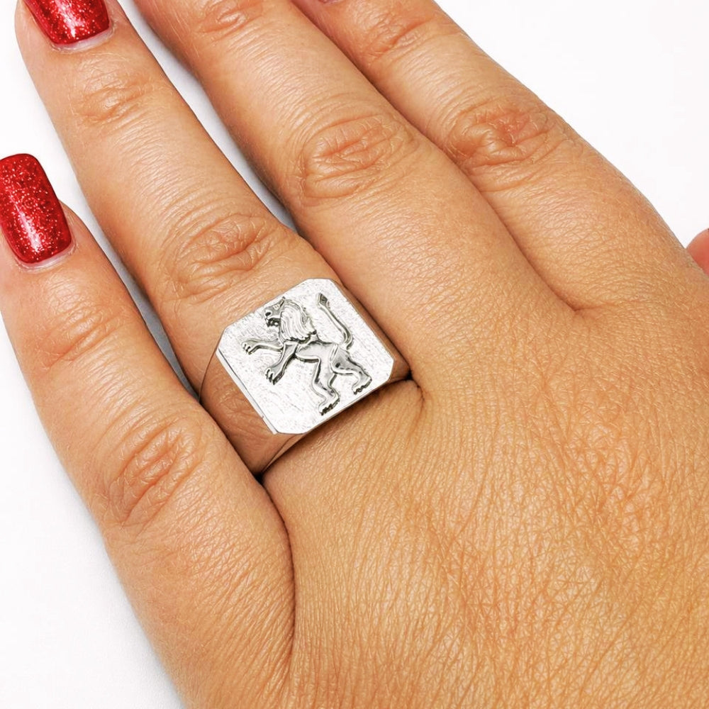 14K White Gold Lion of Judah Signet Ring Jewish Symbol Men's Statement Ring
