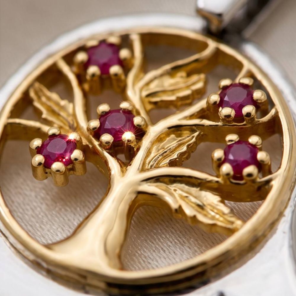 Sterling Silver & Gold Hamsa Tree of Life Pendant Necklace with Genuine Rubies