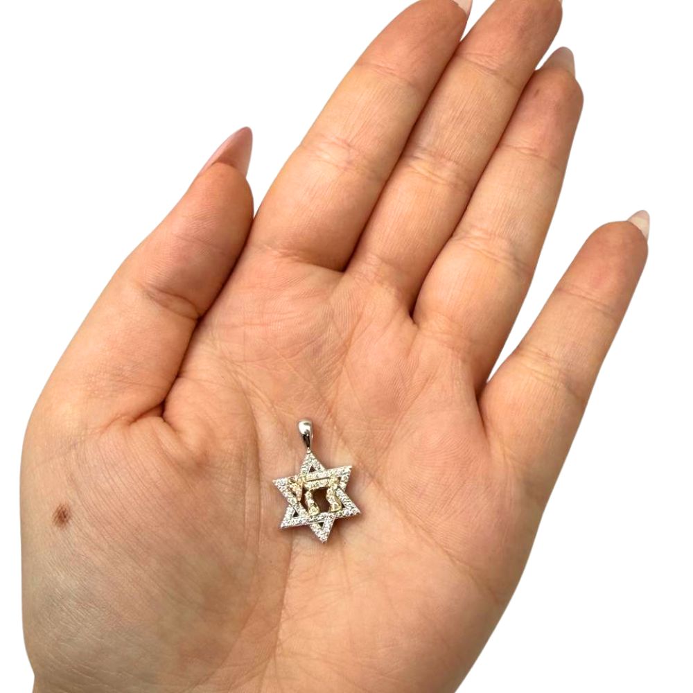 14K Two-Tone Gold Star of David & Chai Diamond Pendant