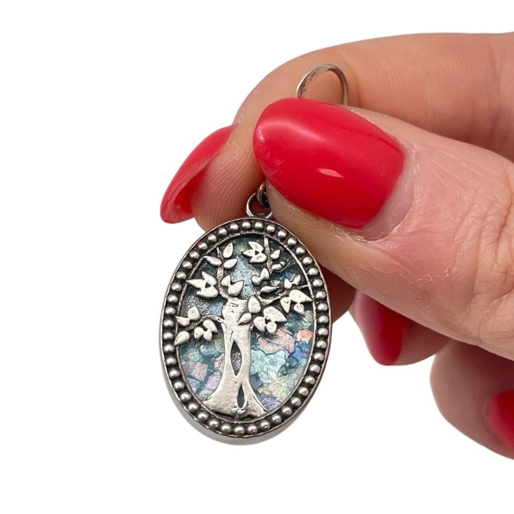 Oval Tree of Life Earrings with Roman Glass in Sterling Silver