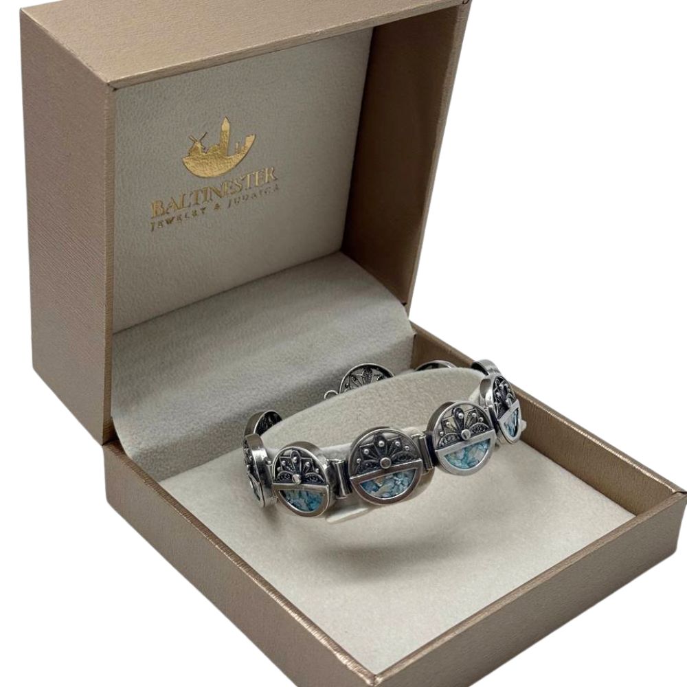 Sterling Silver Roman Glass Link Bracelet