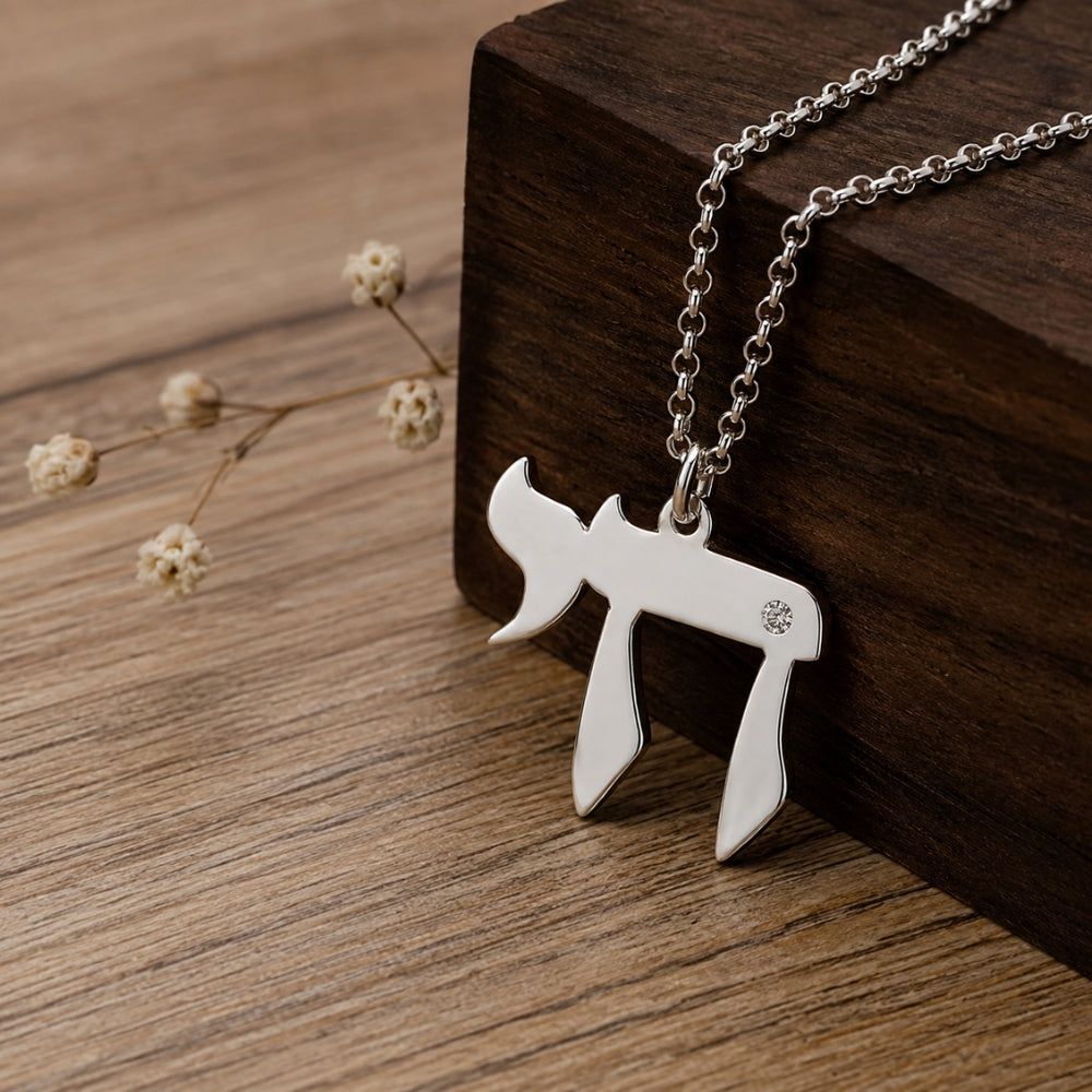 Diamond Chai Necklace for Men  Sterling Silver Jewish Life Pendant