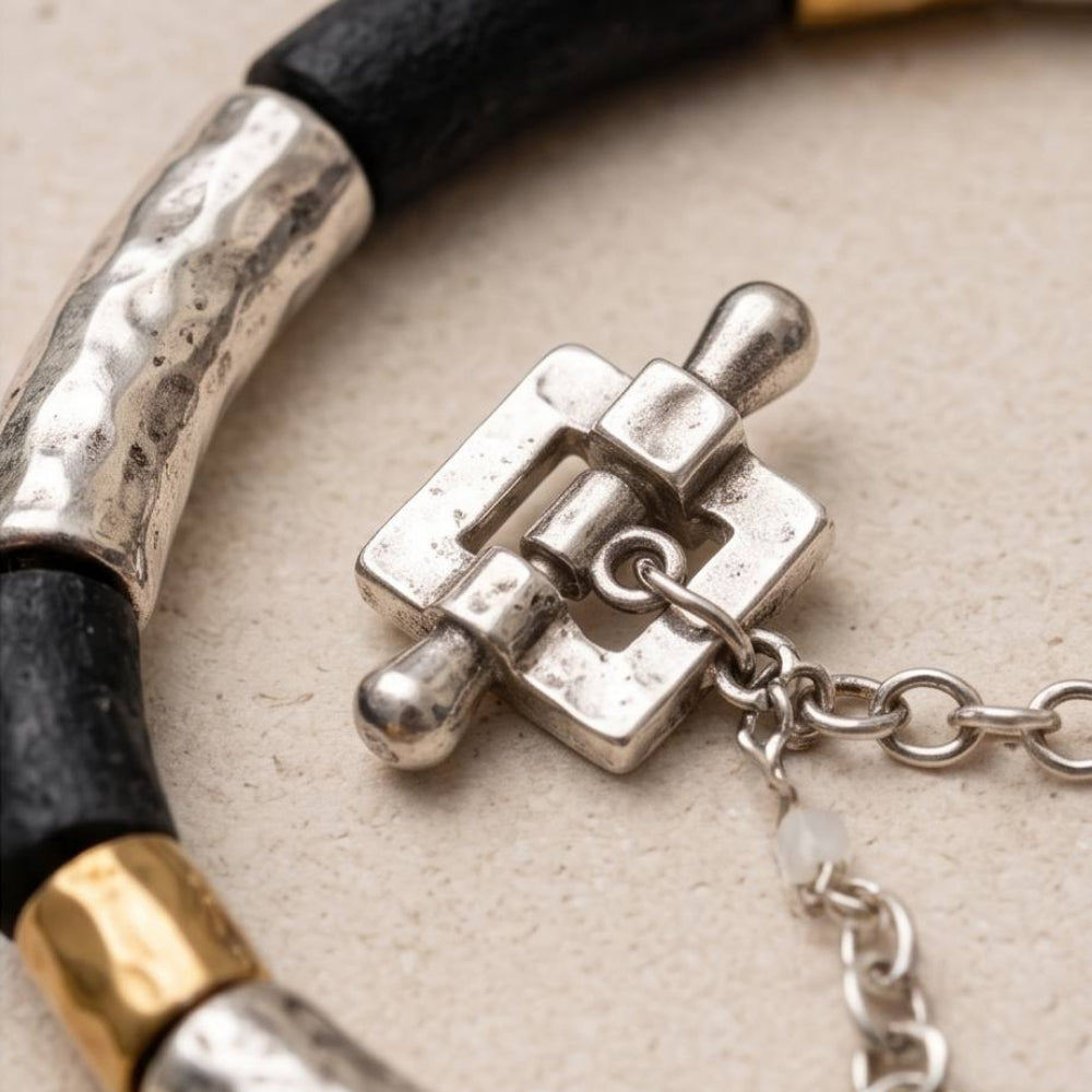 Lightweight Israeli Silver Bracelet – Oxidized Silver & Gold Plated Hammered Jewelry