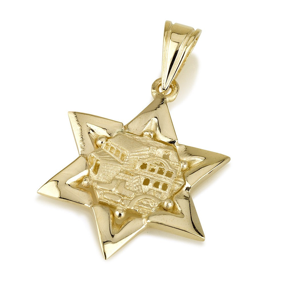 Pendant with Star of David - 14K Gold and Indented Jerusalem