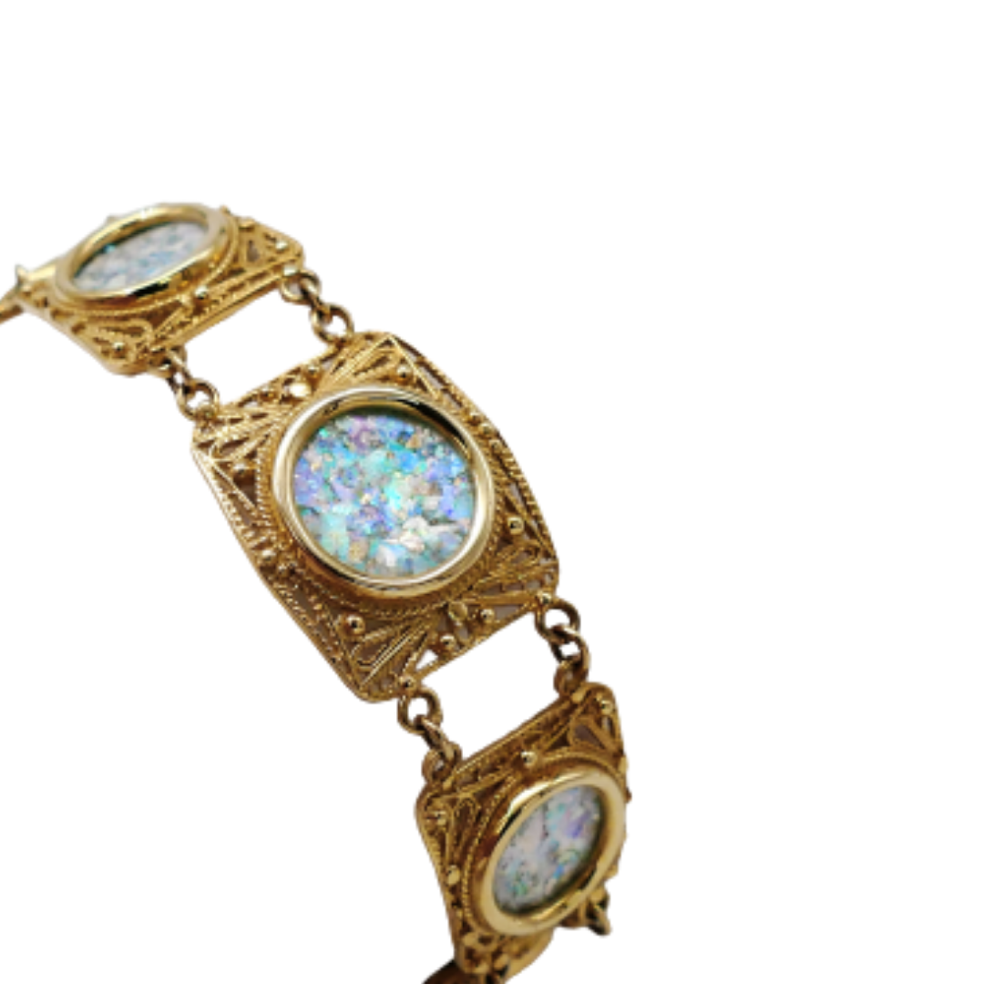 14K Yellow Gold Filigree Roman Glass Bracelet