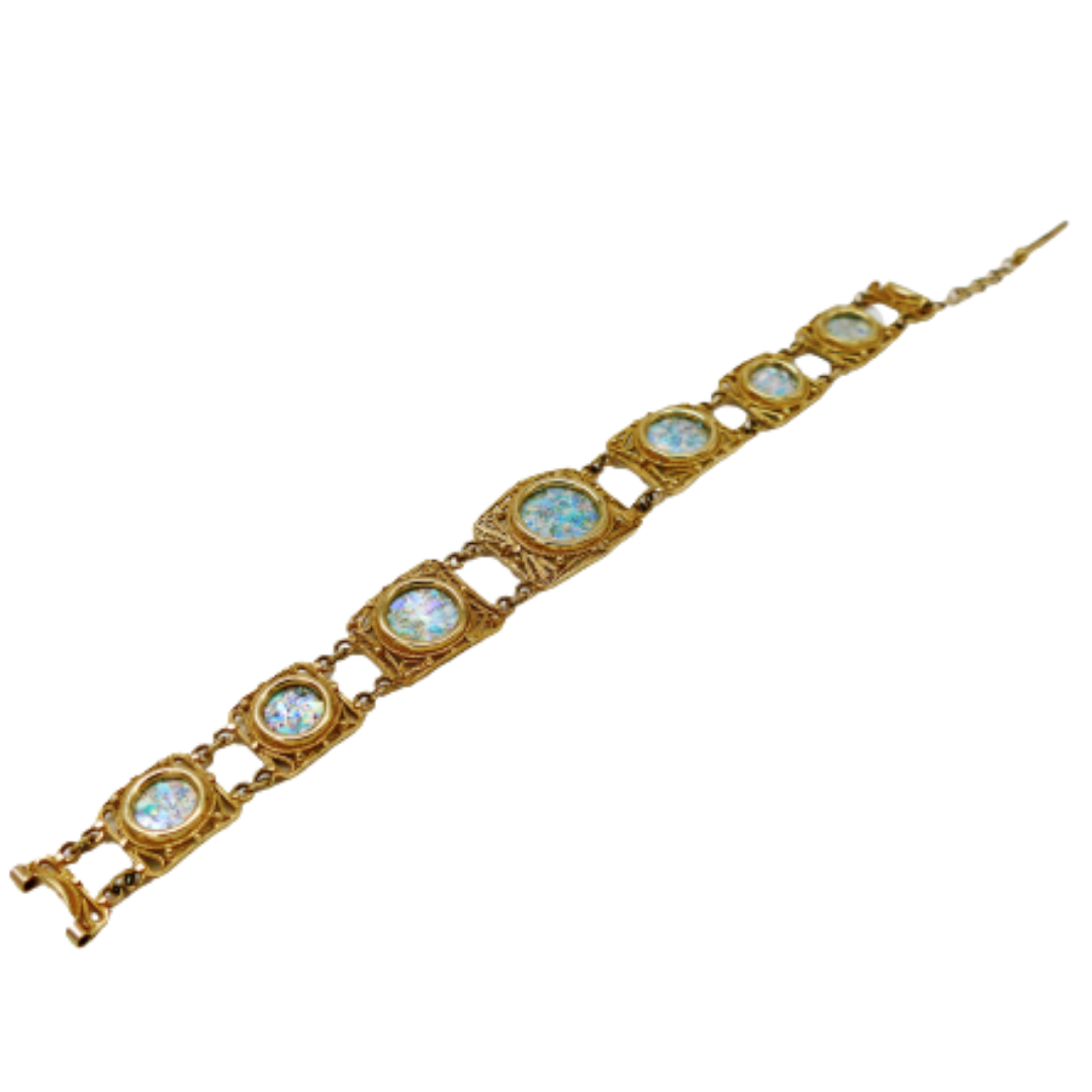 14K Yellow Gold Filigree Roman Glass Bracelet