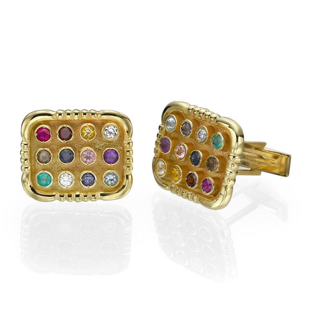 Elegant Choshen Cufflinks 12 Gemstones 14k Yellow Gold