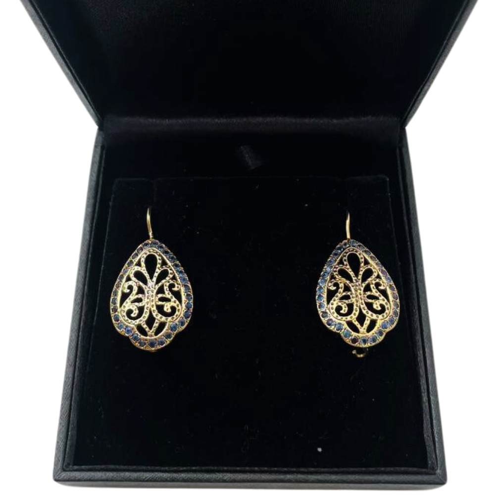 Vintage Style Blue Sapphire Earrings in 14K Gold