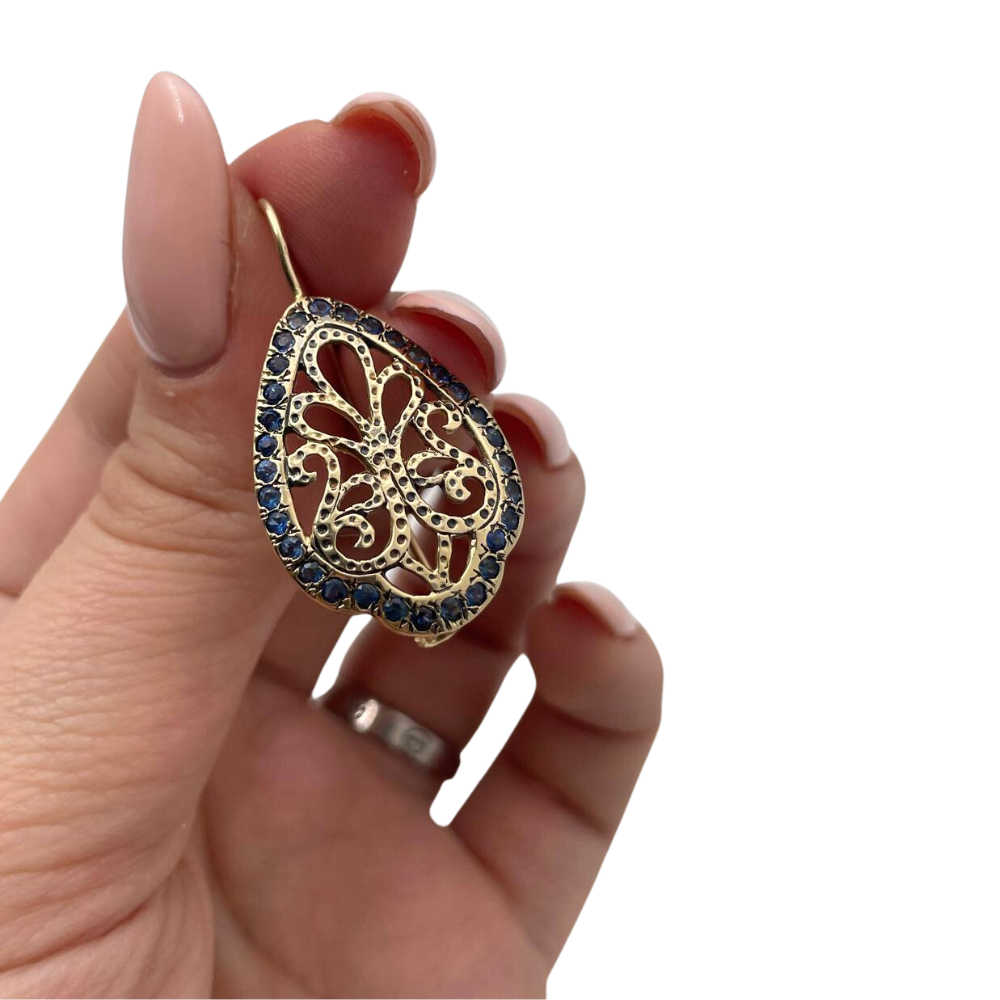 Vintage Style Blue Sapphire Earrings in 14K Gold