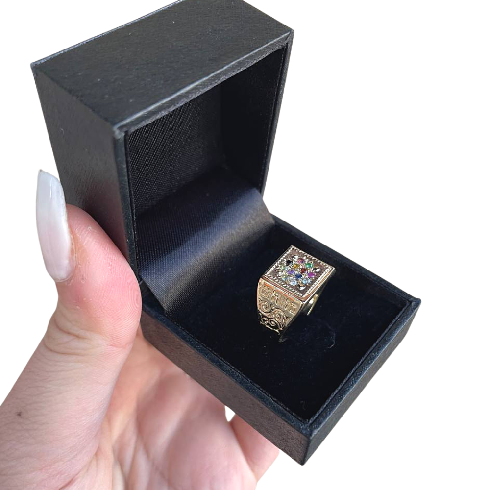 Hoshen Ring - 14K Gold Square Set Gems Kabbalah Ring