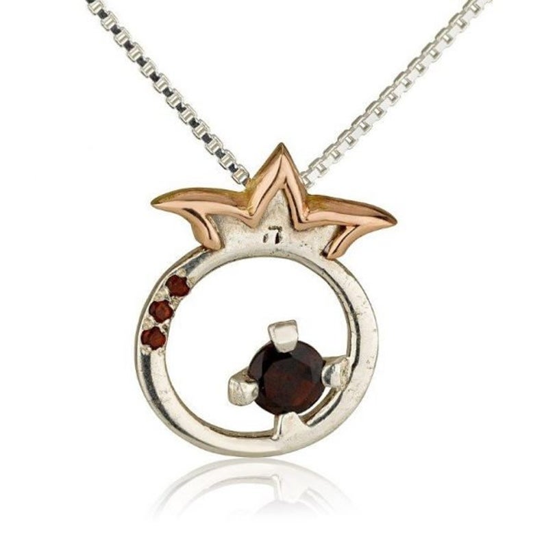 14K Gold and Silver Pomegranate with Garnet Kabbalah Pendant Set