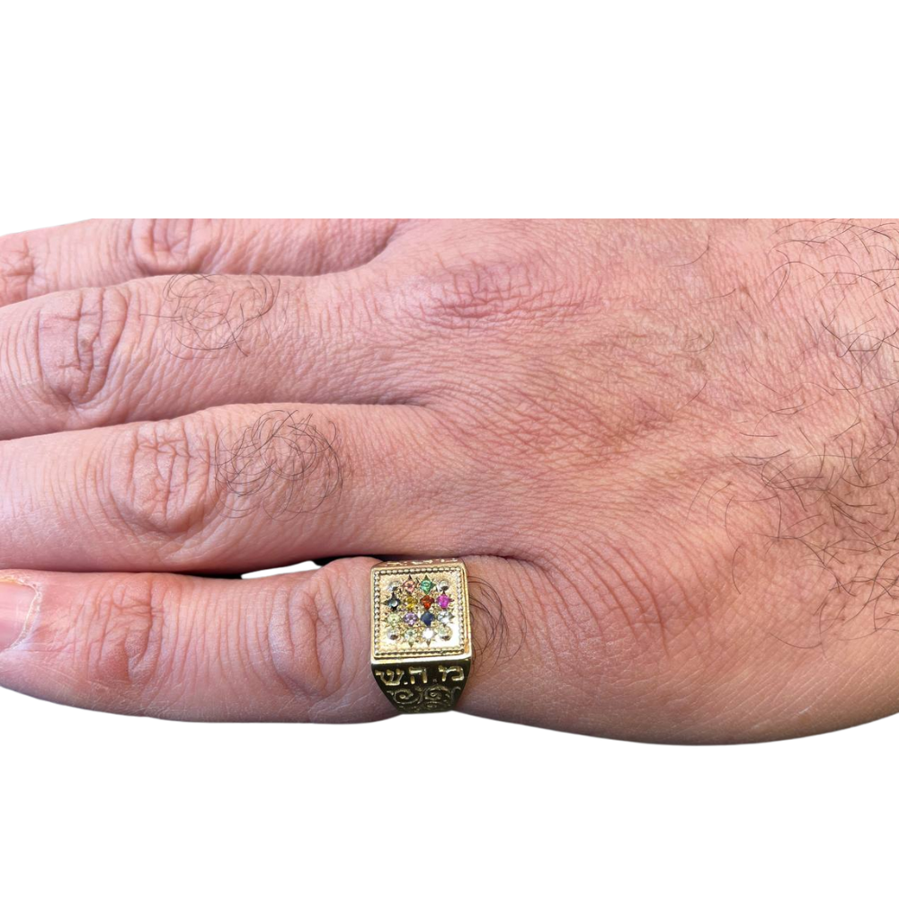 Hoshen Ring - 14K Gold Square Set Gems Kabbalah Ring