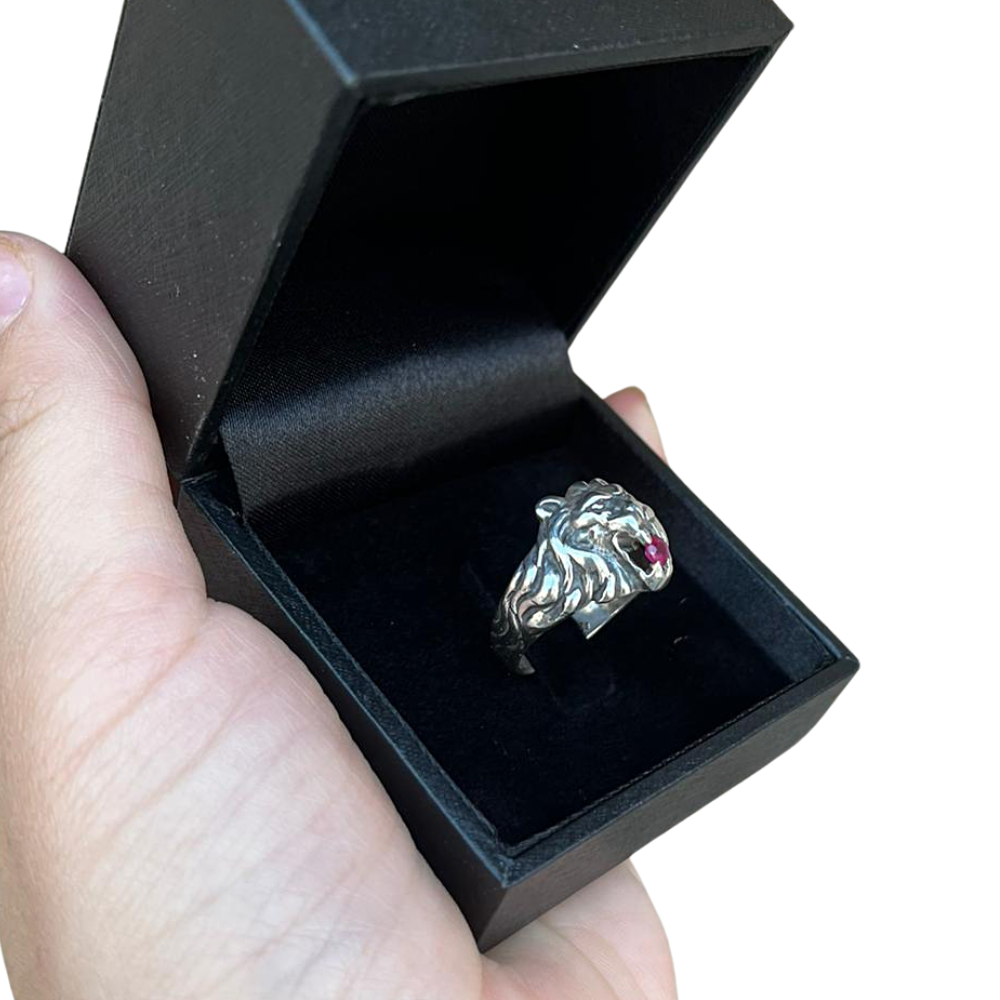 Oxidized Silver Lion of Judah Ruby Ring