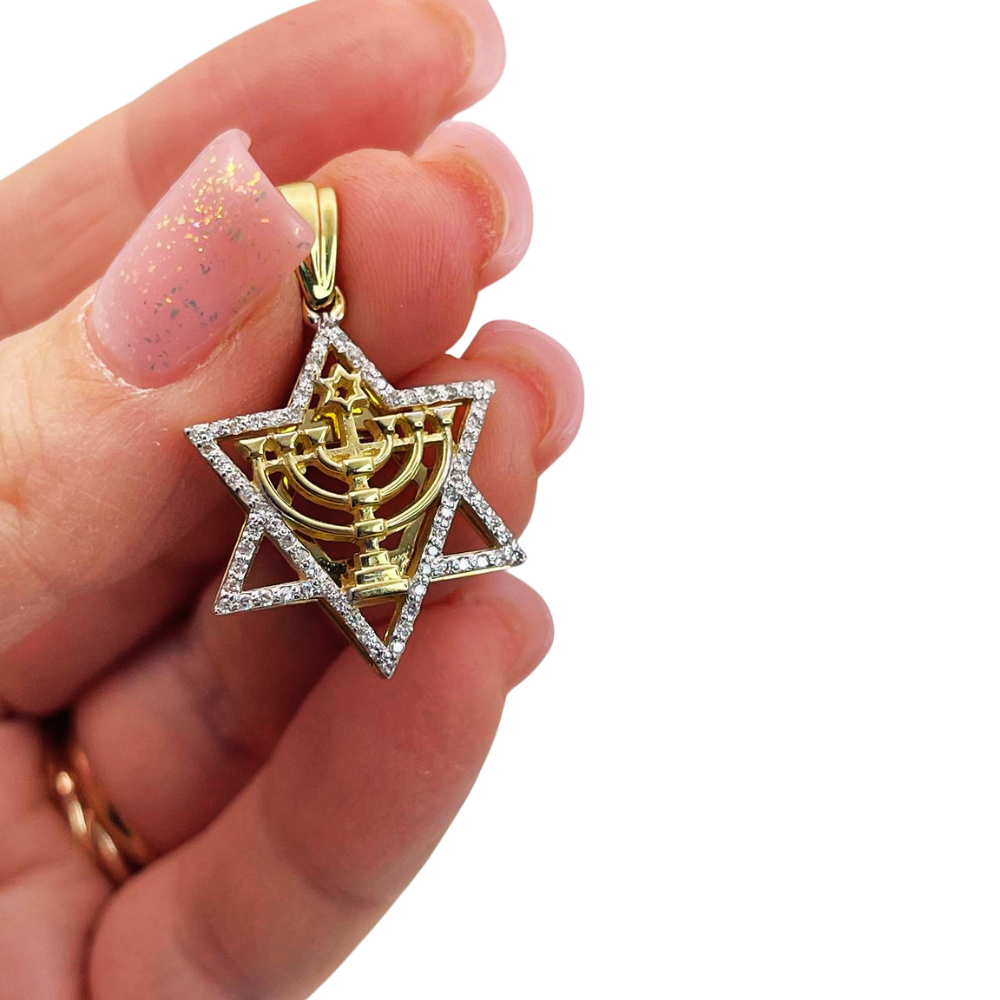 Diamond Studded Star of David Menorah Pendant in 14K Two Tone Gold - Large