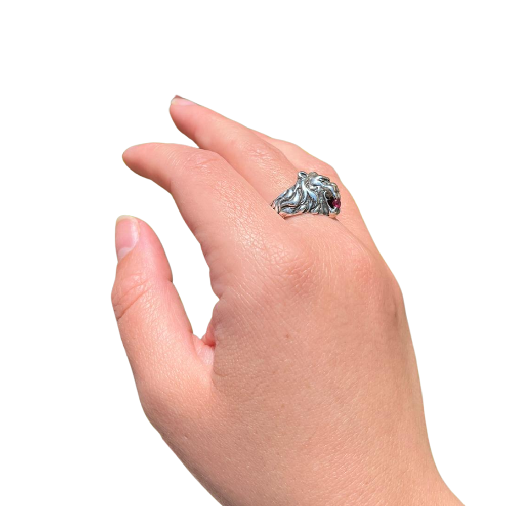 Oxidized Silver Lion of Judah Ruby Ring