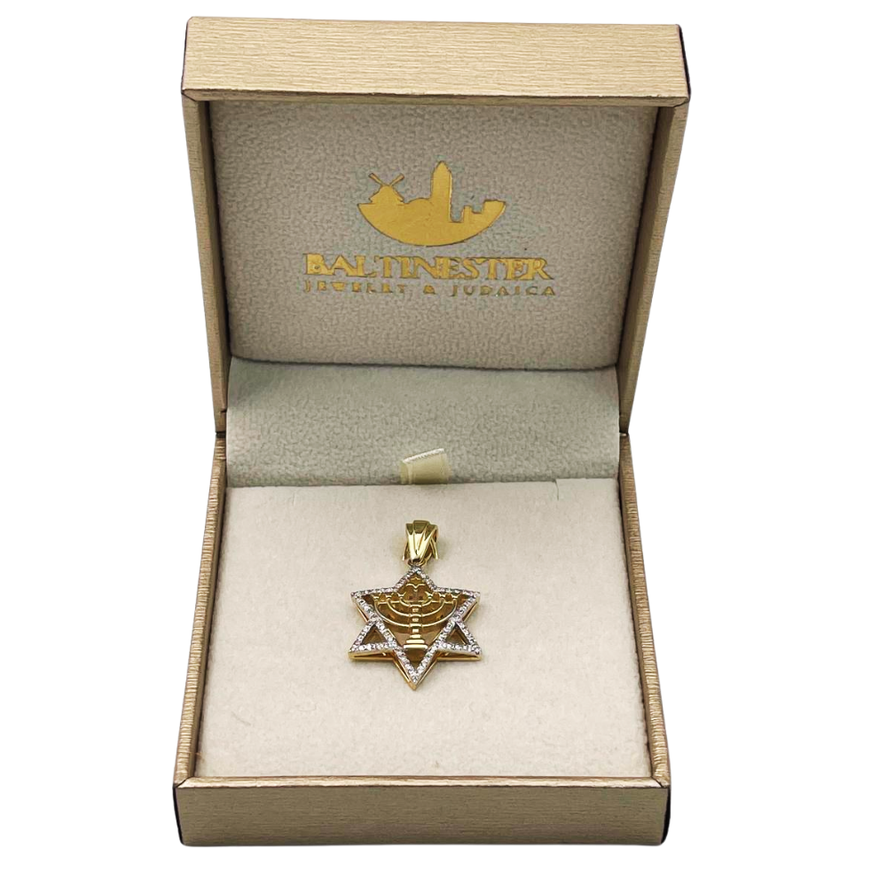Diamond Studded Star of David Menorah Pendant in 14K Two Tone Gold - Large