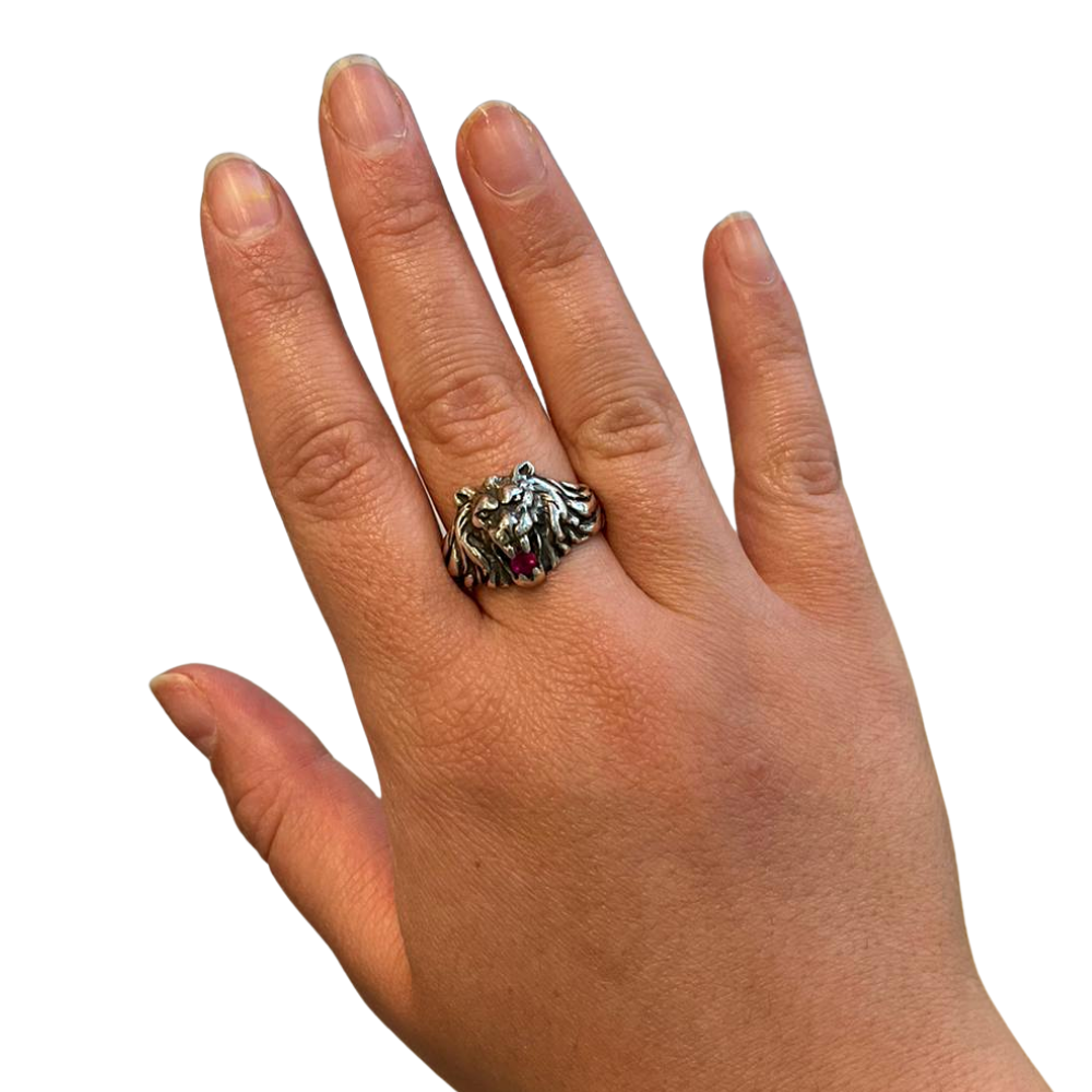 Oxidized Silver Lion of Judah Ruby Ring