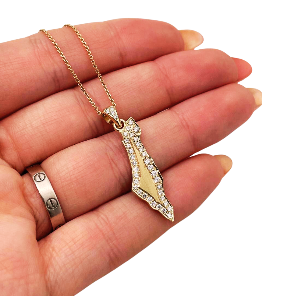 Diamond Map of Israel Am Israel Chai October 7 Pendant in 14K Gold