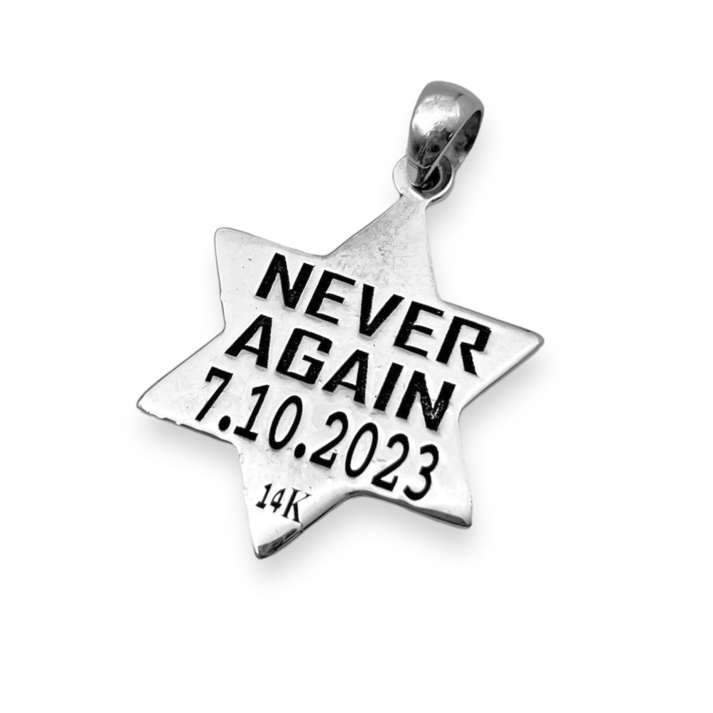 Star of David Jude Never Again October 7 Pendant in 14K Gold