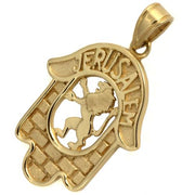 Hamsa Pendant in 14k Gold with Jerusalem, Lion and the Kotel
