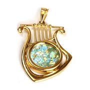 Harp of David Roman Glass Pendant in 14K Gold