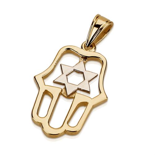14K Gold Star of David Cutout Hamsa Pendant
