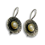 Silver Round Filigree Pearl Earrings