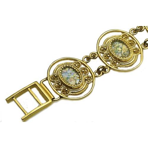 14k Gold Roman Glass Yemenite Bracelet